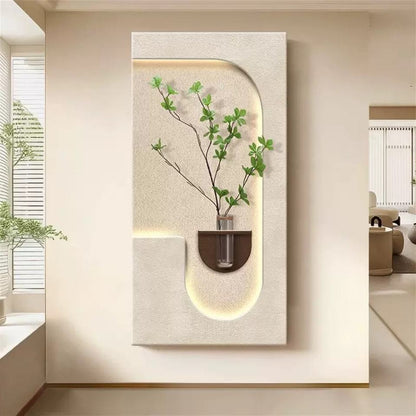 3D Sandstone Wall Art With LED & Green Vase Decor