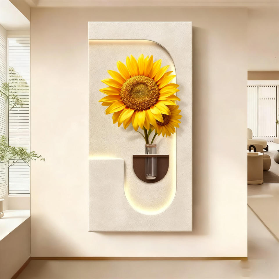 3D Sandstone Wall Art With LED & Green Vase Decor