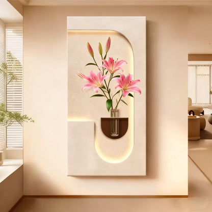 3D Sandstone Wall Art With LED & Green Vase Decor